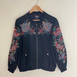 JOHNNY WAS Black Floral Embroidered 100% Silk Bomber Jacket: Size Medium: NWOT!
